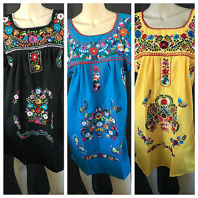 Above Knee Embroidered Mexican Peasant Hippie Mini Boho Dress  S M L Xl Xxl